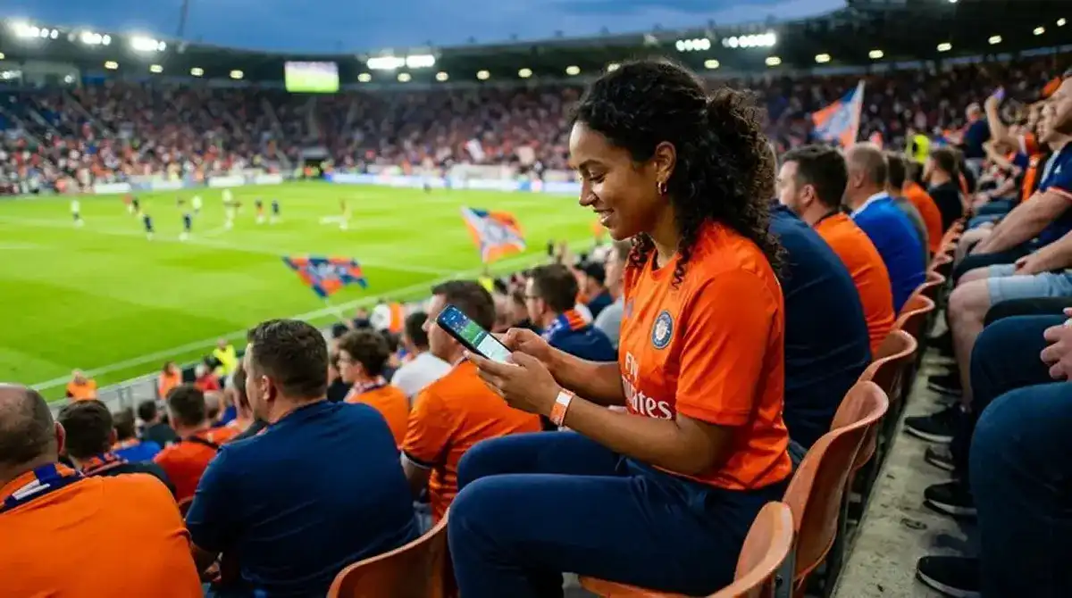 Aficionado siguiendo un partido de fútbol y valorando una apuesta en directo desde el móvil