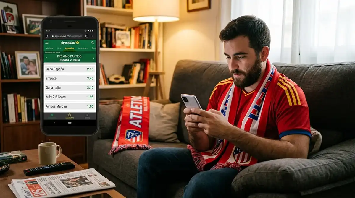 Aficionado al fútbol revisando en el móvil las cuotas decimales de un partido antes de apostar