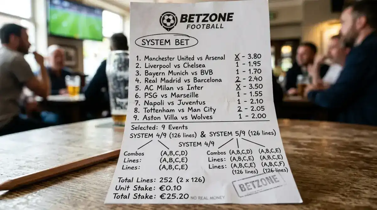Esquema de una apuesta de sistema con varias combinaciones parciales de selecciones de fútbol