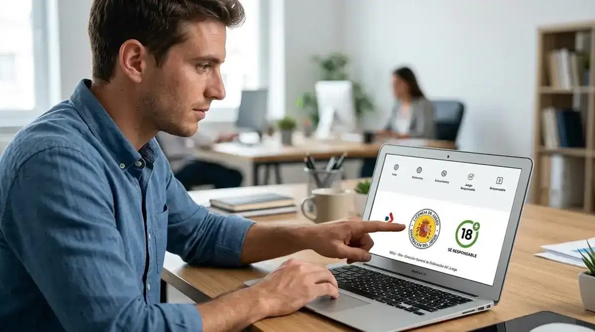 Persona comprobando en una web de apuestas el sello de licencia activa de la DGOJ antes de registrarse