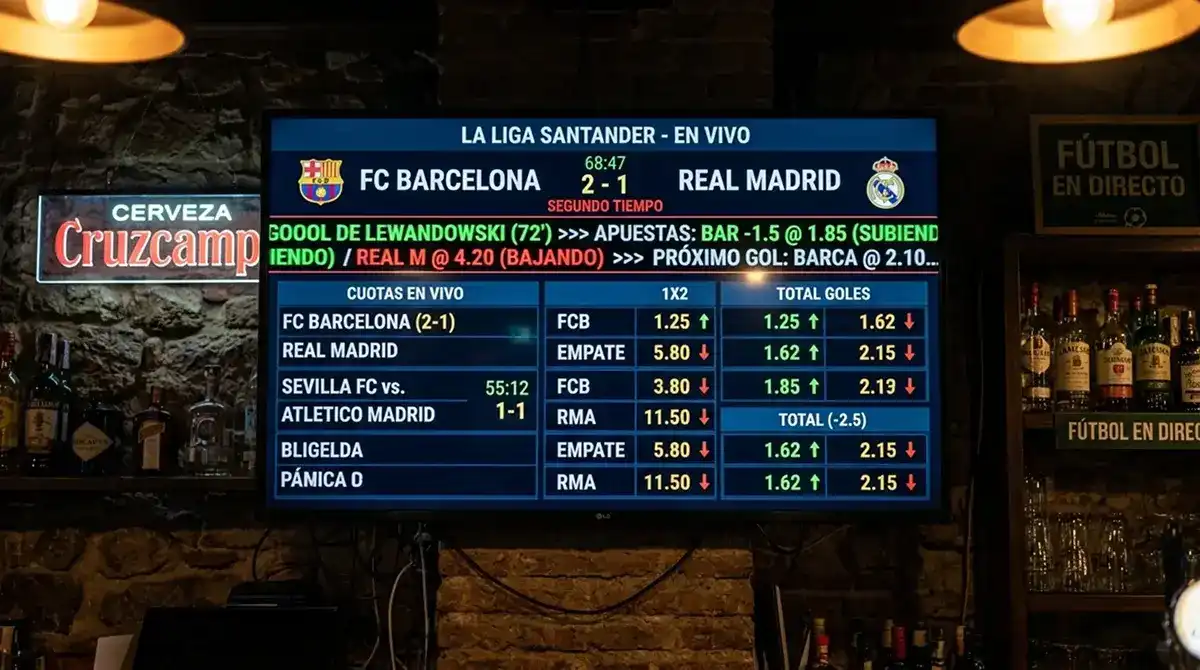 Pantalla de cuotas de fútbol en directo actualizándose minuto a minuto durante un partido