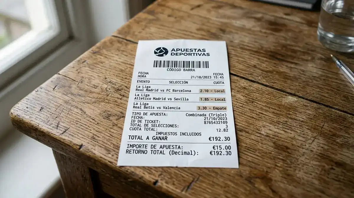 Cupón de apuesta de fútbol en formato decimal mostrando el retorno total de la jugada