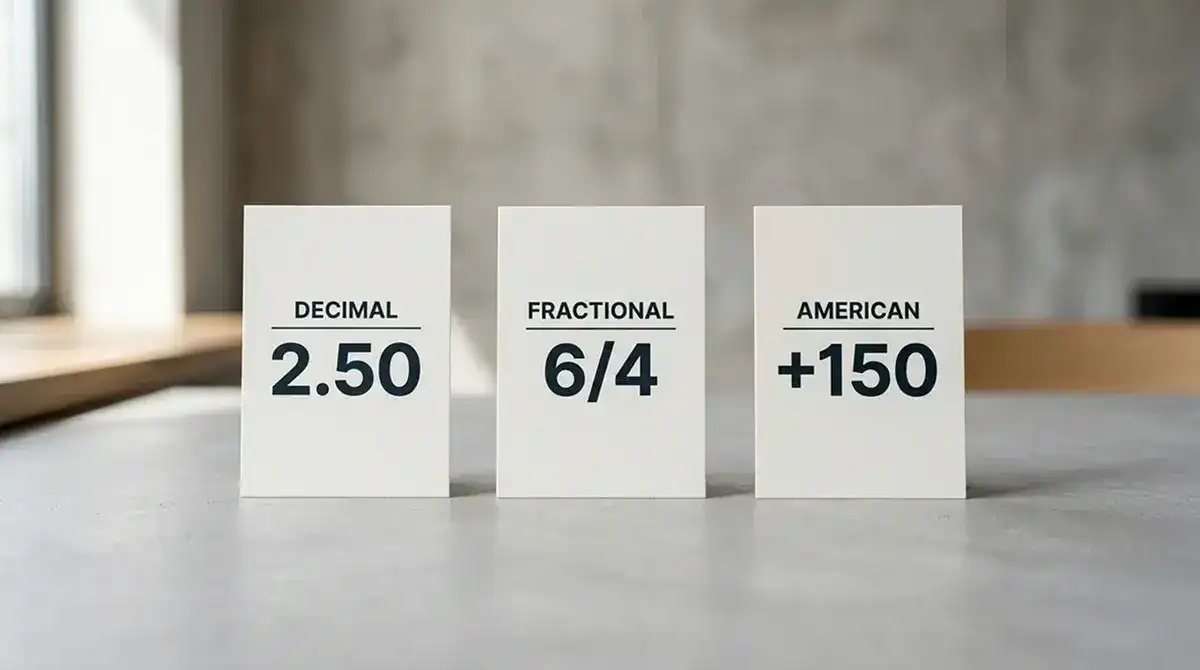 Misma cuota de fútbol mostrada en formato decimal, fraccional y americano lado a lado