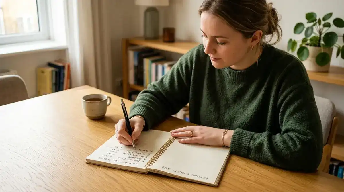 Persona planificando con calma su presupuesto de apuestas en una libreta sobre una mesa ordenada