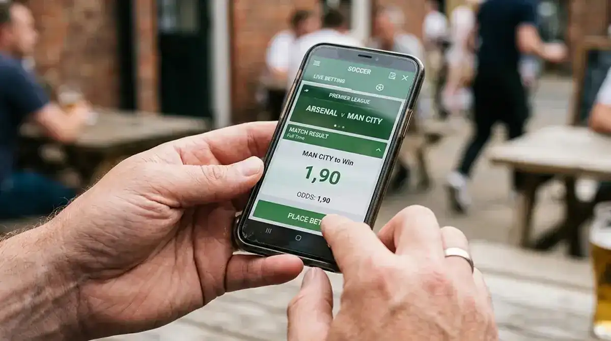 Persona leyendo una cuota decimal de fútbol en la app de apuestas de su teléfono móvil