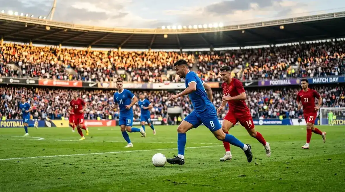 Partido de fútbol disputándose en un estadio lleno, con el balón en el césped y jugadores en juego