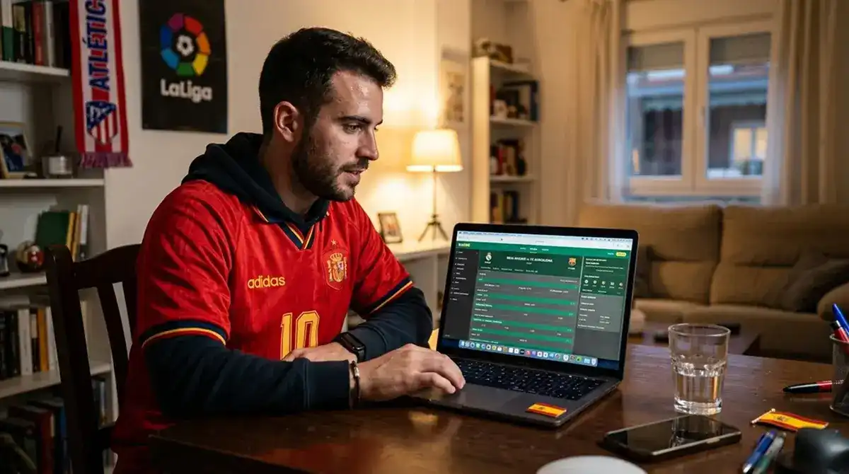 Aficionado mirando el listado de mercados y cuotas de un partido de LaLiga en la pantalla de un portátil