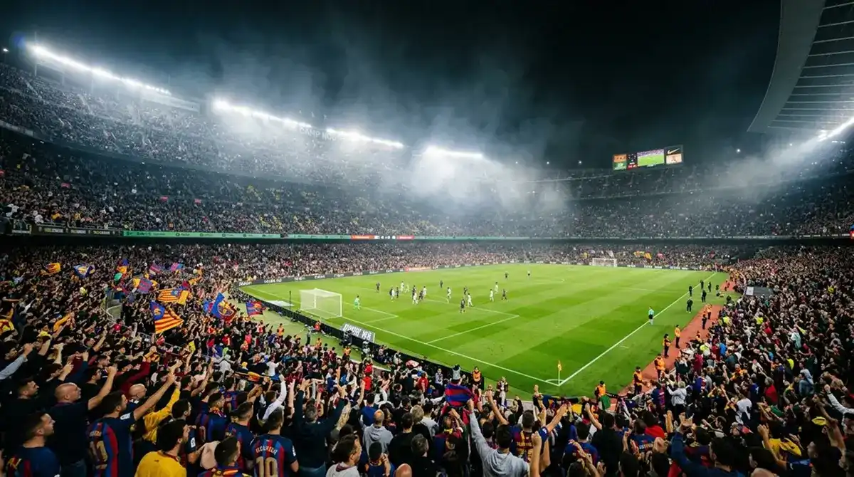 Noche de Champions League en un gran estadio europeo iluminado