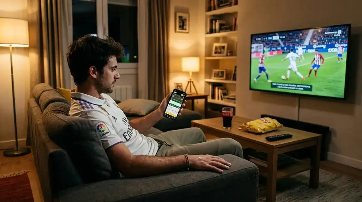 Hombre joven sentado mirando un partido de fútbol y consultando apuestas en su teléfono móvil