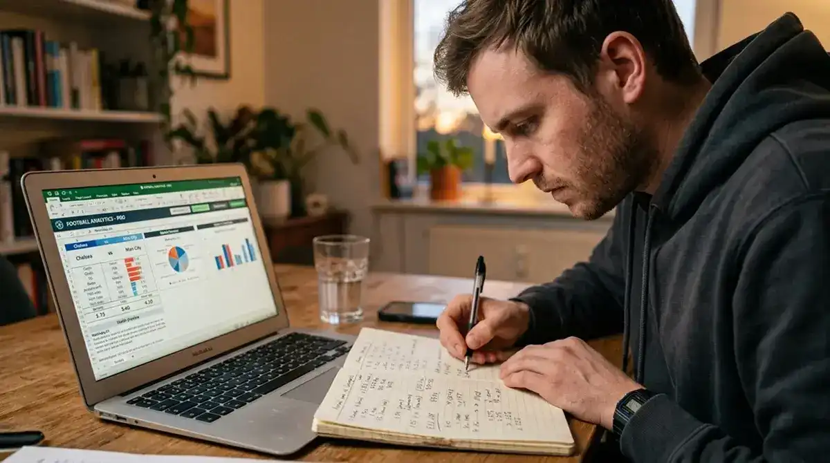 Apostador analizando estadísticas de fútbol y anotando estimaciones de probabilidad en un cuaderno