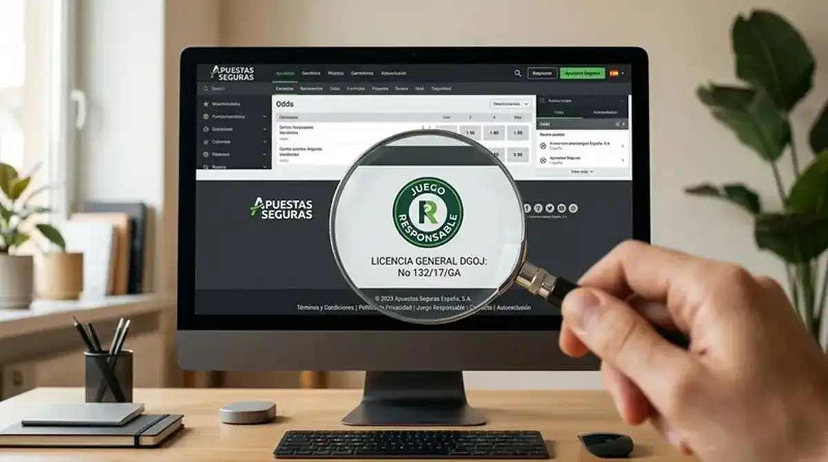 Pie de página de una casa de apuestas mostrando el sello de juego seguro y el número de licencia